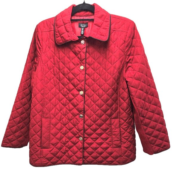 NWT JONES NEW YORK QUILTED COLLARED JACKET FIRE RED GOLD BUTTONS L MSRP $119 - Picture 1 of 14